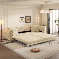 Canapé-lit convertible fait main capitonné à boutons 4 places avec ottoman mobile pour appartement, bureau, chambre – Abricot