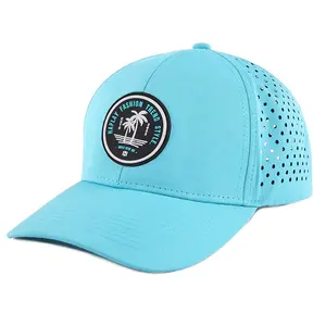 Custom 6 Panel Rubber Patch Logo Baseball Cap Waterproof Laser Cut Hole Perforated Hat Sports Dad Hat