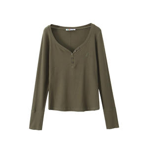 Camiseta de Punto de Manga Larga con Cuello en V, Estilo Retro Americano, Ajustada, para Mujer, Color Verde Musgo, con Botones, N9005, Color Sólido, Camiseta Interior - Product Image 1