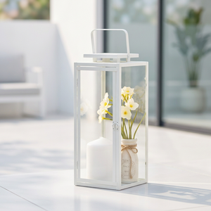 Portavelas Decorativo de Metal Blanco para el Hogar y el Patio, con Paneles de Vidrio Templado - Product Image 6