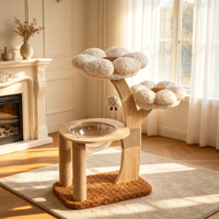 CottonPod 96cm Arbre à chat moderne grand luxe avec perchoirs en peluche blanche, bol en acrylique transparent, double plateforme, poteaux en sisal et jouet nuage