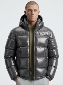 Chaqueta informal de invierno para hombre, corte regular, color verde liso, con capucha, rellena de plumón, impermeable, con cierre de cremallera. - Product Image 6