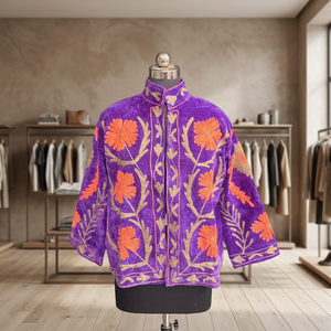 Purple Velvet Suzani <b>Embroidered</b> <b>Jacket</b> Floral Suzani Coat <b>Women</b> Boho Open Front Winter Short Kimono Ethnic Party <b>Jacket</b> - Product Image 1