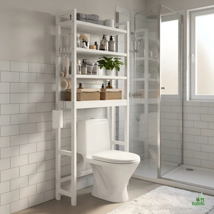 Étagère de rangement pour salle de bain en bambou, finition blanche, style décontracté, 4 niveaux ouverts avec crochets latéraux - Product Image 4
