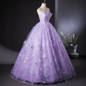 Purple Gauze Evening Dress Long Skirt 3D Butterfly Embroidery Strapless Women Stage Performance Costume - Product Image 3