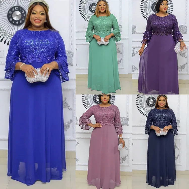 Frauen Party Kleidung Muslim Stickerei Spitze Langes Elegantes Kleid Afrikanische Mode Half Ruffle Mesh Sleeve Kleider Abendkleid