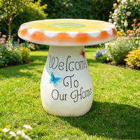C082 Banc de jardin en résine en forme de champignon, peint à la main, imperméable, pour l'extérieur, la terrasse, la pelouse, le balcon, décoration de jardin, motif 'Bienvenue à la maison'