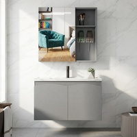 WJL Nouveau design moderne, miroir éclairé anti-humidité, lavabo mural en acier inoxydable et céramique, meuble de salle de bain gris