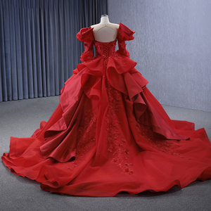 Robe de mariée rouge à col carré, manches longues, appliques en dentelle, perles, traîne cathédrale, volants, en satin, robe de soirée Rsm231122 - Product Image 6
