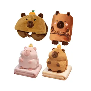 Wearable Stuffed Capybara Hoodie Hat Shaped Neck Pillow Cute Capybara Plush Pillow Blanket Cartoon Capybara Backrest Cushion