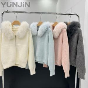 Nuovo Waffle da donna lavorato a maglia in pelliccia di volpe naturale con cappuccio Cardigan uncinetto con cerniera maglioni cappotto invernale tinta unita <span class=keywords><strong>vestiti</strong></span> corti Top manica lunga - Product Image 1