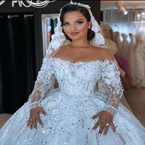 S3040F <span class=keywords><strong>2022</strong></span> nuevo vestido de novia de manga larga de fiesta elegante de lujo con hombros descubiertos de alta calidad - Product Image 1