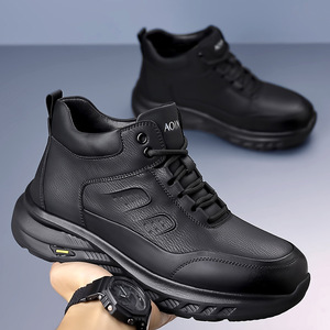 Bottes de randonnée d'hiver pour hommes en cuir, hautes, chaudes, doublées de polaire, antidérapantes, à talon plat, couleur unie, lacets avant - Product Image 2