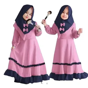 ชุดเดรสมุสลิมสำหรับเด็กผู้หญิงชุดเดรสมุสลิมพร้อมผูกโบว์ฮิญาบ