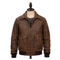 Blouson aviateur en cuir véritable marron vieilli pour homme, style workwear, col rabattu zippé, coupe classique, automne