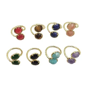 fine jewelry 18k gold plated natural stone mixed color amethyst tiger eye ring double faceted crystal adjustable rings for women