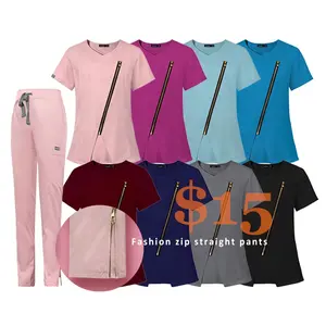 オンライン看護卸売業者フロントジッパーシャツスーツデザインポケットパンツ女性スクラブユニフォームセット