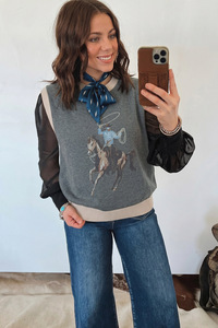 Wholesale <strong>Women</strong> Vintage Western Cowgirl Rider Print Knit Vest Crew Neck Loose Sleeveless Casual Knit Waistcoat Autumn Outerwear - Product Image 5