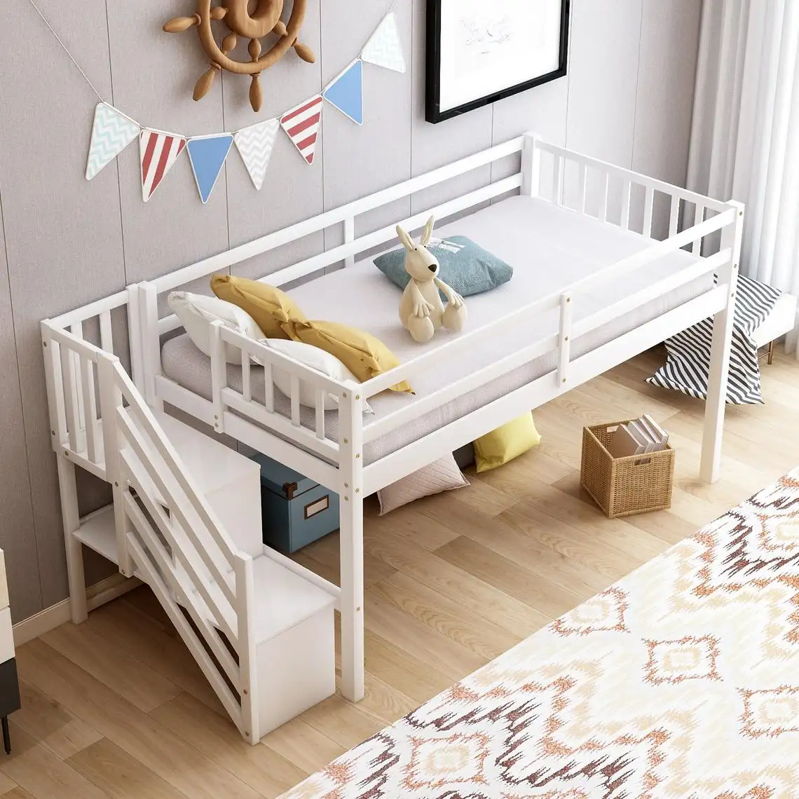 С лестницей и полками для хранения деревянная низкая белая двухместная кровать-ЛОФТ мебель для спальни детская кровать