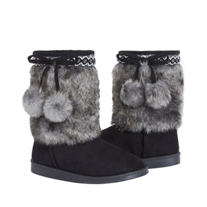 Women Slip On Mid Calf Snow Boots Faux Fur Pom Pom Lace <b>Bow</b> Trim Plush Warm Lining Black Daily Outdoor Ladies Winter Footwear - Product Image 1