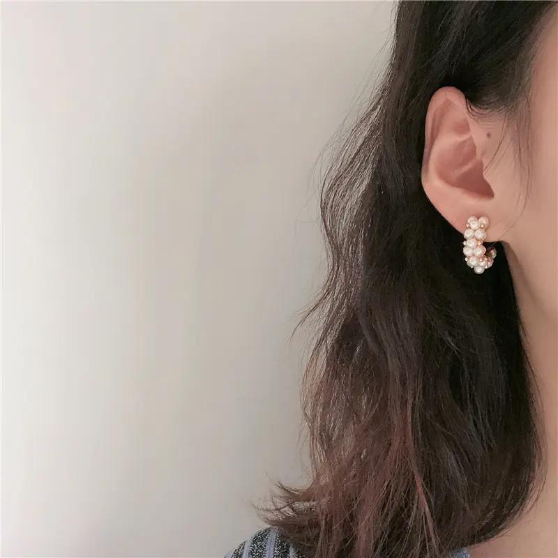 Pendientes de perlas geométricas para mujer, aretes de circonita en forma de C, accesorios de joyería populares