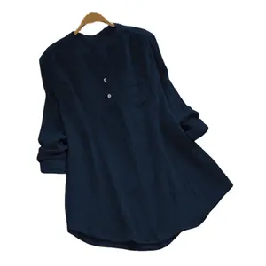 Blusa de algodão longo feminina, plus size, 5xl, manga longa, lazer, mulheres, cor sólida, bolso, decote em v, pulôver, camisas