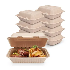 SUMKOKA PFAS Free 9*6 Inch Eco Friendly 100% Disposable Biodegradable Takeaway Food Packaging Sugarcane Bagasse Lunch Box