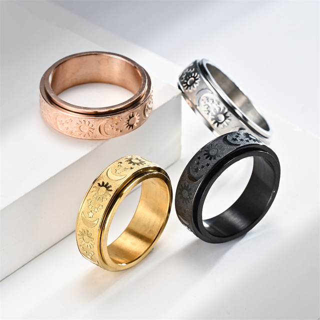 Wholesale Fashion Star Moon 18k Gold Plated Stainless Steel Relief Ring Men's Rotating Ring Fashion Jewelry Gift Customization