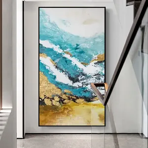 Art Handpainted Abstract Landscape Art On Canvas Colorful Gold Foil Lines Wall Art Poster For Living Room Or Bedroom