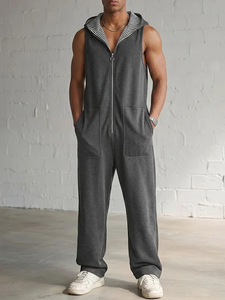 Tuta Intera Estiva da <span class=keywords><strong>Uomo</strong></span> Nera Senza Maniche con Cappuccio e Fodera a Righe, Leggera e Casual con Zip Integrale - Ultima Moda, Offerta Speciale - Product Image 2