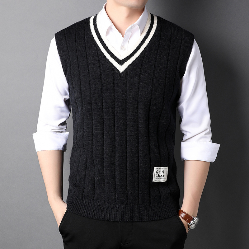 Heren trui vest effen kleur V-hals retro effen kleur zachte casual zakelijke gebreide vest, Lichtgrijs9, S