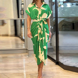 Vestido de Fiesta Plisado de Moda para Mujer, Estampado Floral, con Abertura, Largo Midi, Estilo Camisero, Vestidos Casuales Estampados para Mujer, Venta al por Mayor - Product Image 3