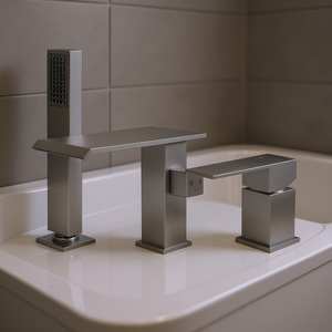 Juego de grifería para bañera de montaje en cubierta con cabezal de ducha tipo cascada, de acero inoxidable cepillado, diseño moderno para adultos - Product Image 2