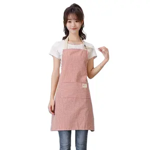 Celemek memasak celemek katun Linen garis kustom celemek koki lembut Bib dapat disesuaikan dengan 2 kantong untuk pria wanita