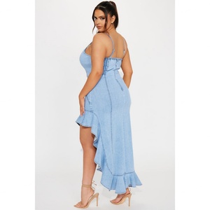 Manufacturer Customized Style Color Denim <b>Spaghetti</b> <b>Straps</b> High Slit Ruffle Hem Women Causal Dress - Product Image 2