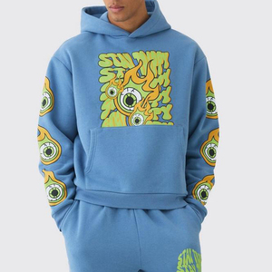 Conjunto de Sudadera con Capucha Azul para Hombre, Corte Holgado, Forro Polar, Estampado de Dibujos Animados, Ropa Deportiva con Bolsillo, para Otoño - Product Image 5