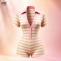 Combinaison courte rayée à manches courtes pour femme, col polo, col en V, boutonnée, coupe ajustée, style bodycon, décontractée, été, une pièce, pour femmes