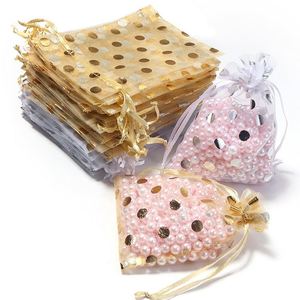Sacs en organza à pois avec cordon de serrage 7x9cm, dorés ou argentés, mini pochettes cadeaux pour bijoux et boucles d'oreilles - Product Image 4