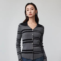 62480 Nouveauté Automne du Fabricant : Cardigan Tricoté Slim à Col V, Simple Boutonnage, Rayures Décontractées, Manteau Léger en Maille Fine