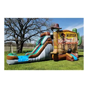 Western Theme Inflatable Bouncy Castle with Slide Cowboy Bounce House Combo for Carnival Party Rental