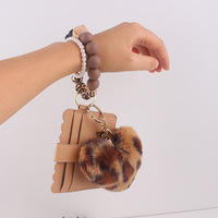 Porte-clés porte-cartes en cuir PU avec porte-monnaie en peluche imprimé léopard amour boule de cheveux breloque