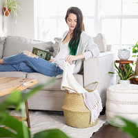 Panier de rangement pour linge tissé à la main en jacinthe d'eau et jonc de mer, naturel, pliable, avec poignée, pour plantes suspendues
