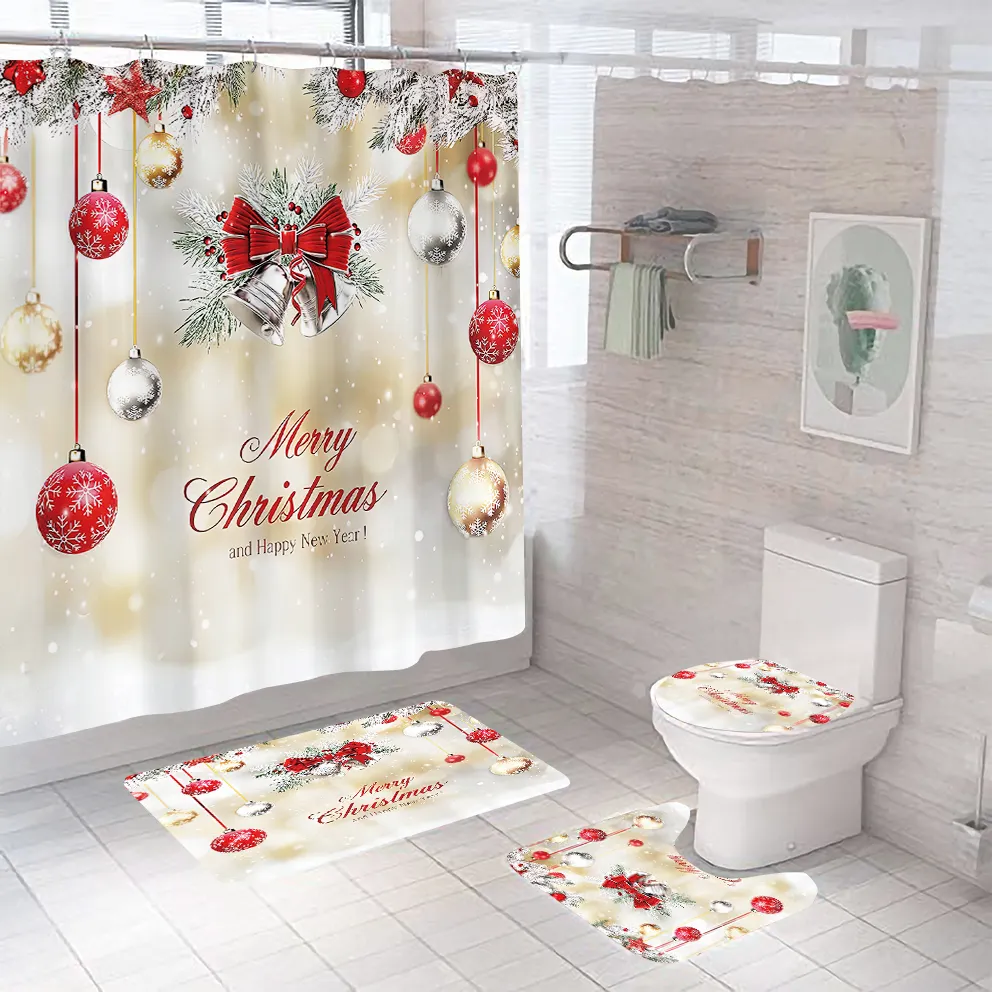 Wholesale hot selling christmas festival shower curtain sets 4 pieces bathroom rugs ans mats sets with waterproof shower curtain