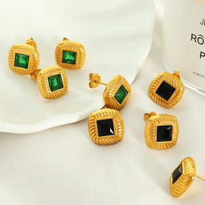 Winter French Retro Square Stud <b>Earrings</b> 18k Plated Black <b>Green</b> Glass Stones Geometric Design For Women - Product Image 1