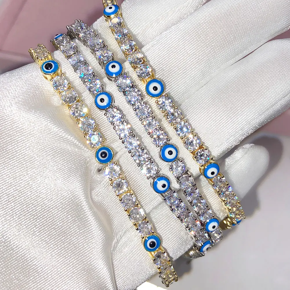 Fashion Jewelry 4mm Turkish Blue EvilEye Necklace 18K Gold Plated Jewelry Set Women Men Unisex Rapper Jewellery
