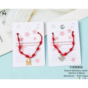 Cavigliera in acciaio inossidabile a sette nodi con lettera M e cordoncino rosso per donna, gioiello alla moda. - Product Image 2