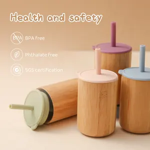 BPA Free Baby Feeding Cup With Straw Bamboo Silicone Baby Cup Baby Sippy Bamboo Cup with Silicone Lid and Straw