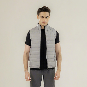Gilet matelassé gris pour homme à col montant avec fermeture éclair, coupe-vent, décontracté, 100 % polyester, pour l'automne - Product Image 1
