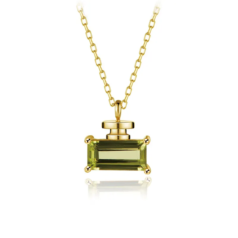 Neuankömmling 9 Karat Echt Gold Peridot Halskette Mini Parfüm Design Schlüsselbein Charm Chain Nettes Mädchen Zarte Frauen Halsreif Bestes Geschenk