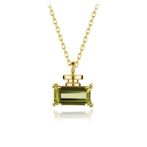 New Arrival 9k Real Gold Peridot Necklace Mini Perfume Design Clavicle Charm Chain Cute Girl Delicate Women Choker Best Gift